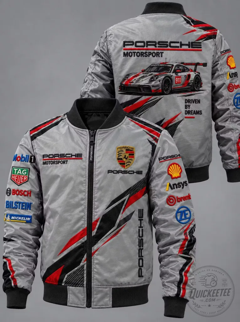 Porsche Motorsport Grey Racing Bomber Jacket with Car Graphic Print