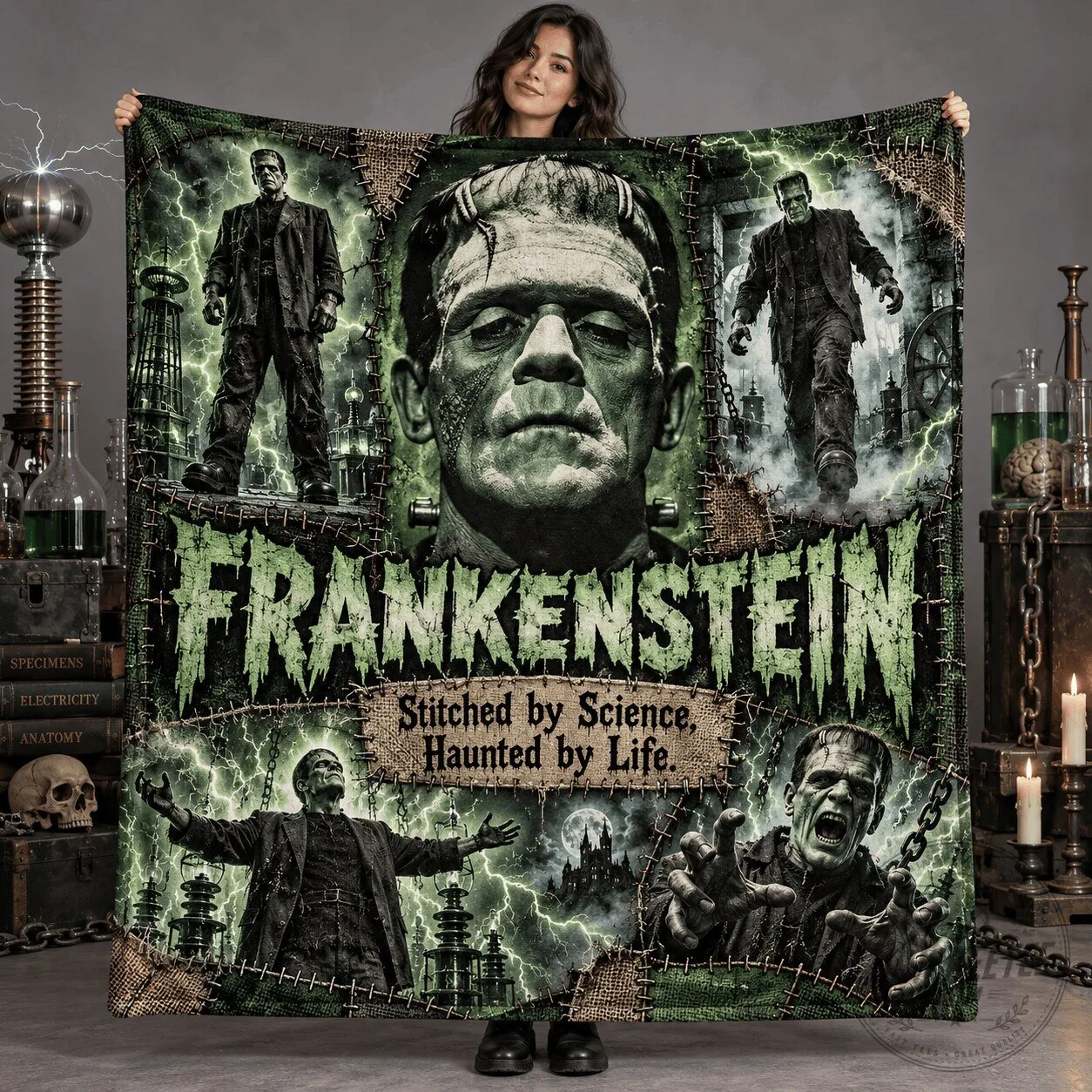 Frankenstein Monster Portrait and Lightning Green Fleece Blanket