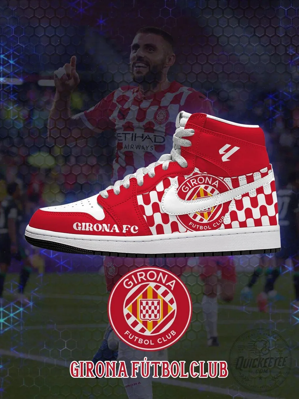 Girona Futbol Club High-Top Sneakers, Red and White Checkered Pattern Shoes 4 Girona Futbol Club High-Top Sneakers, Red and White Checkered Pattern Shoes