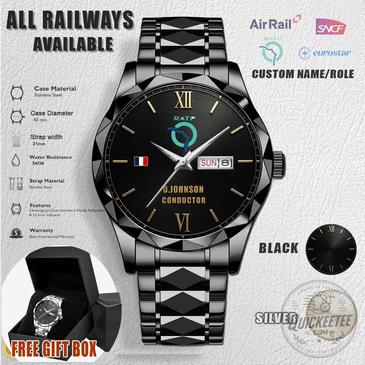 RATP French Railway Custom Name Black Stainless Steel Watch