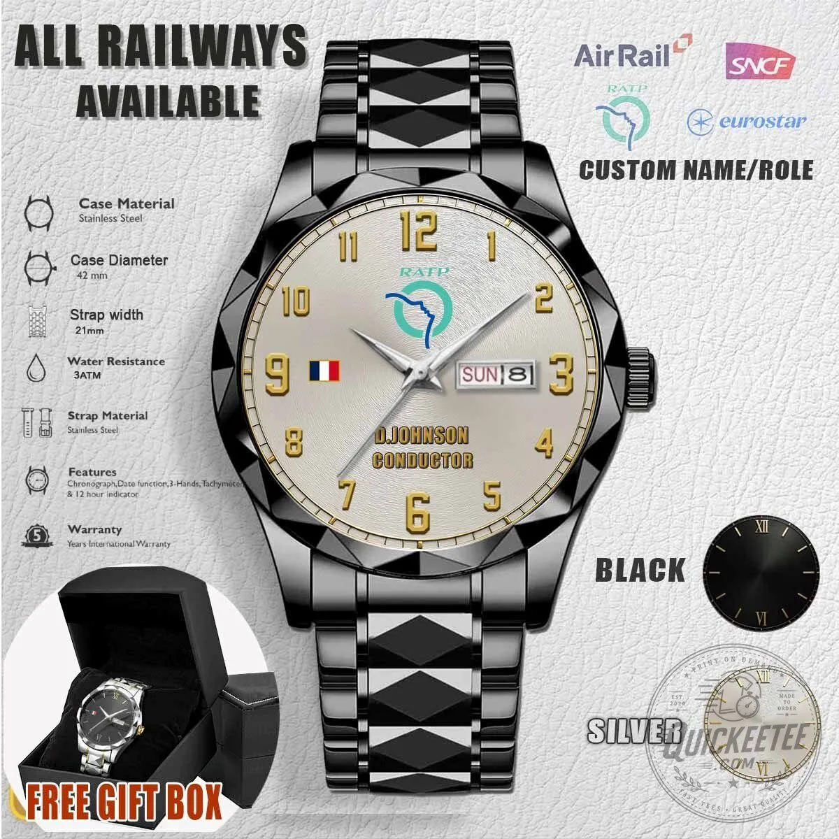 RATP French Railway Custom Name Black Stainless Steel Watch 6 RATP French Railway Custom Name Black Stainless Steel Watch