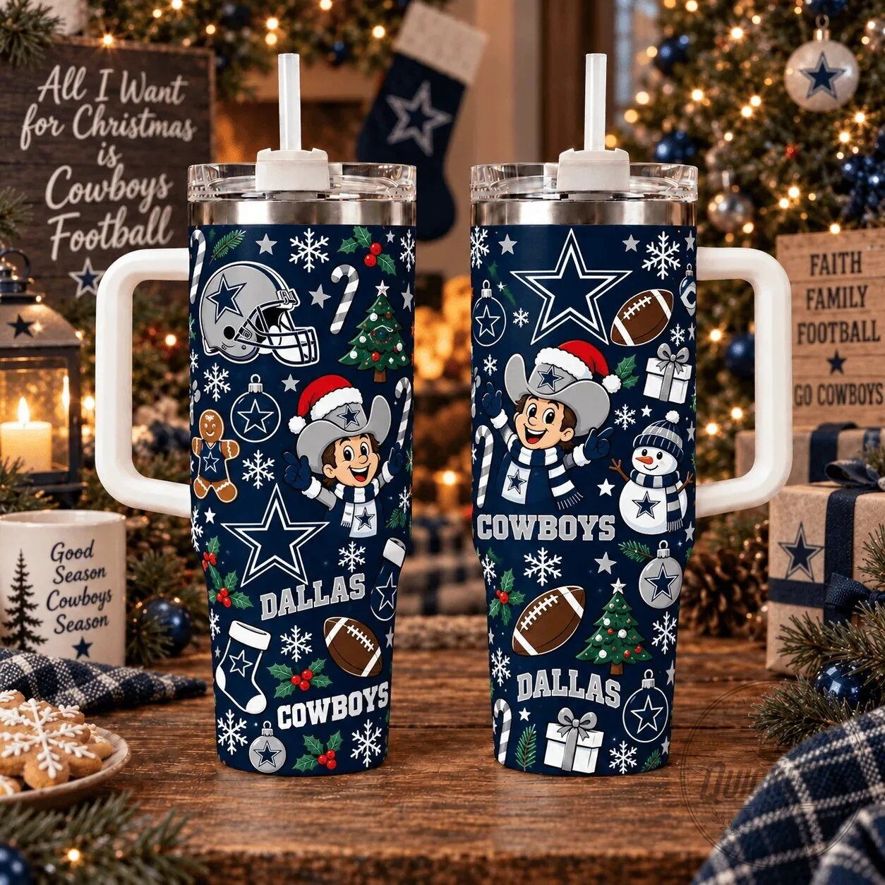 Dallas Cowboys Christmas Holiday Football Team Stainless Steel Tumbler