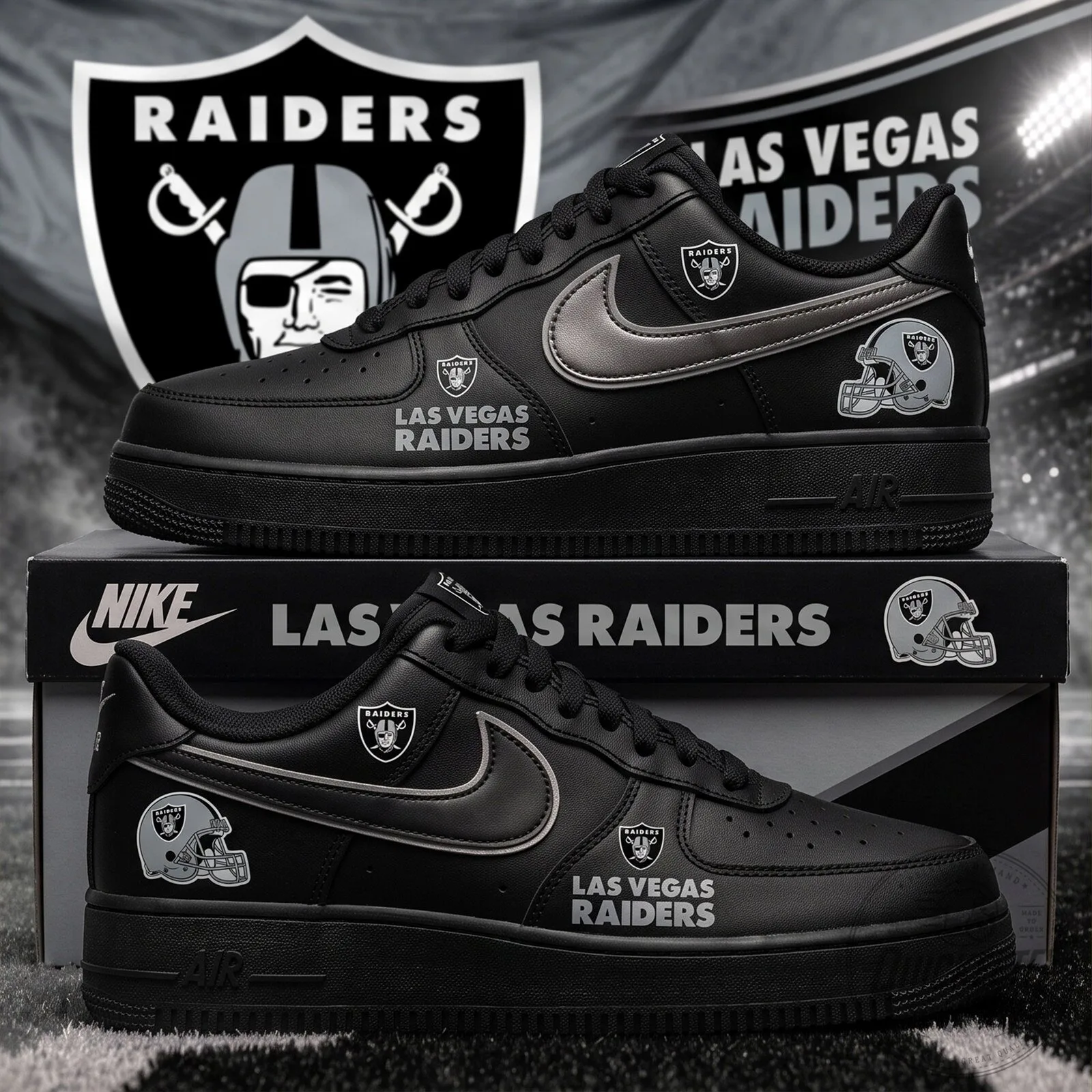 Las Vegas Raiders Blackout Gameday NFL Custom Air Force 1 Shoes 5 Las Vegas Raiders Blackout Gameday NFL Custom Air Force 1 Shoes