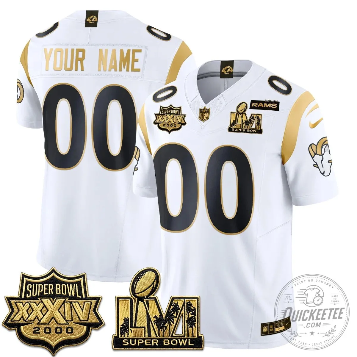 Los Angeles Rams Super Bowl LVI Champions White Gold Custom Football Jersey 2 Los Angeles Rams Super Bowl LVI Champions White Gold Custom Football Jersey