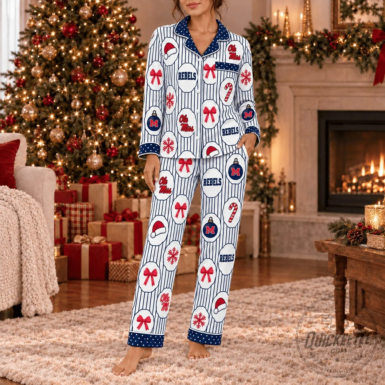 Ole Miss Rebels Christmas Holiday Button Up Long Sleeve Pajamas Set 2 Ole Miss Rebels Christmas Holiday Button Up Long Sleeve Pajamas Set