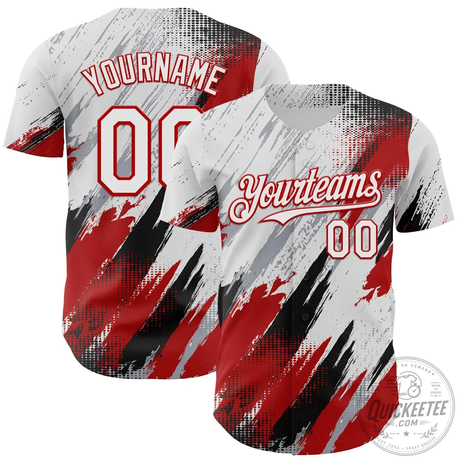 Custom White Gray Red Black Diagonal Grunge Brush Stroke Halftone Baseball Jersey 1 Custom White Gray Red Black Diagonal Grunge Brush Stroke Halftone Baseball Jersey