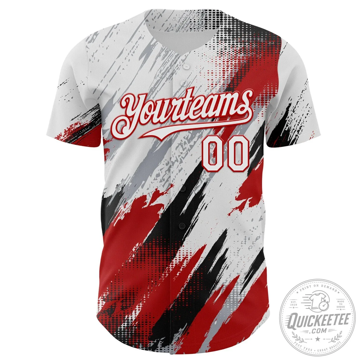 Custom White Gray Red Black Diagonal Grunge Brush Stroke Halftone Baseball Jersey 10 Custom White Gray Red Black Diagonal Grunge Brush Stroke Halftone Baseball Jersey
