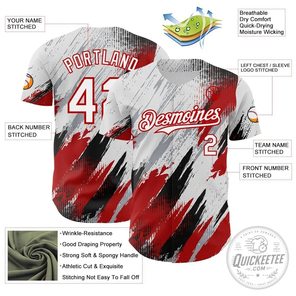 Custom White Gray Red Black Diagonal Grunge Brush Stroke Halftone Baseball Jersey 11 Custom White Gray Red Black Diagonal Grunge Brush Stroke Halftone Baseball Jersey