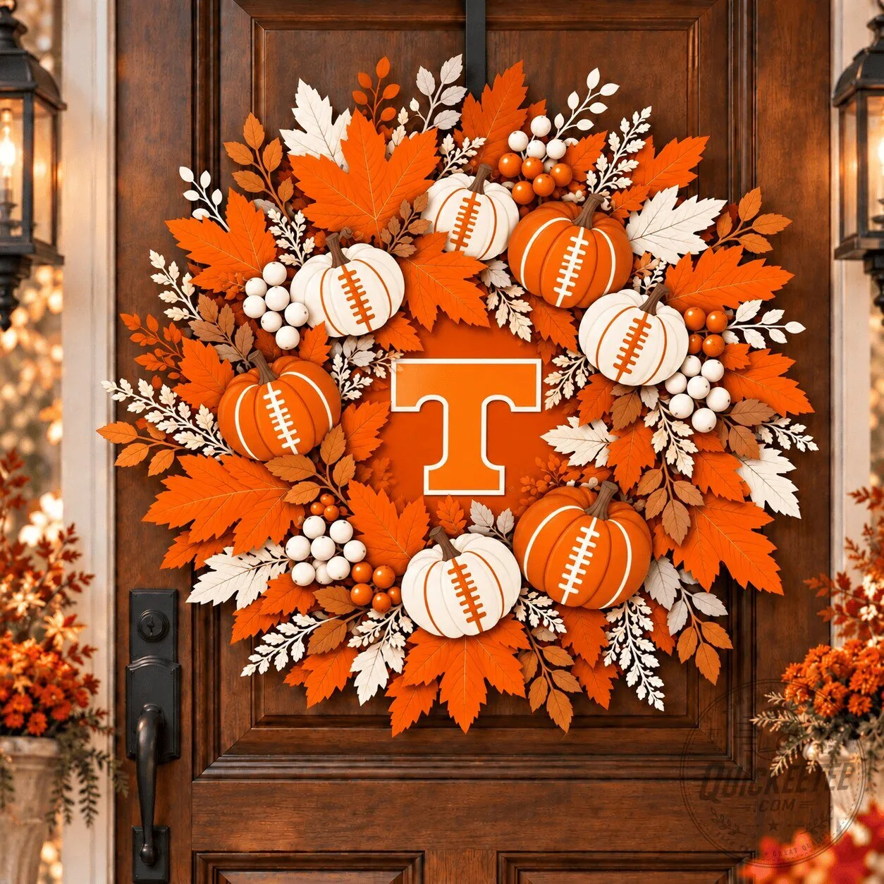 Tennessee Football Volunteers Fall Wreath with Pumpkins and Maple Leaves