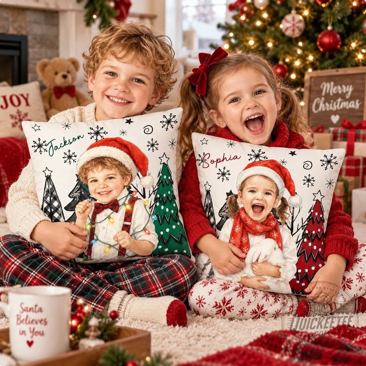 Personalized Christmas Photo Pillow Custom Watercolor Kids Holiday Gift