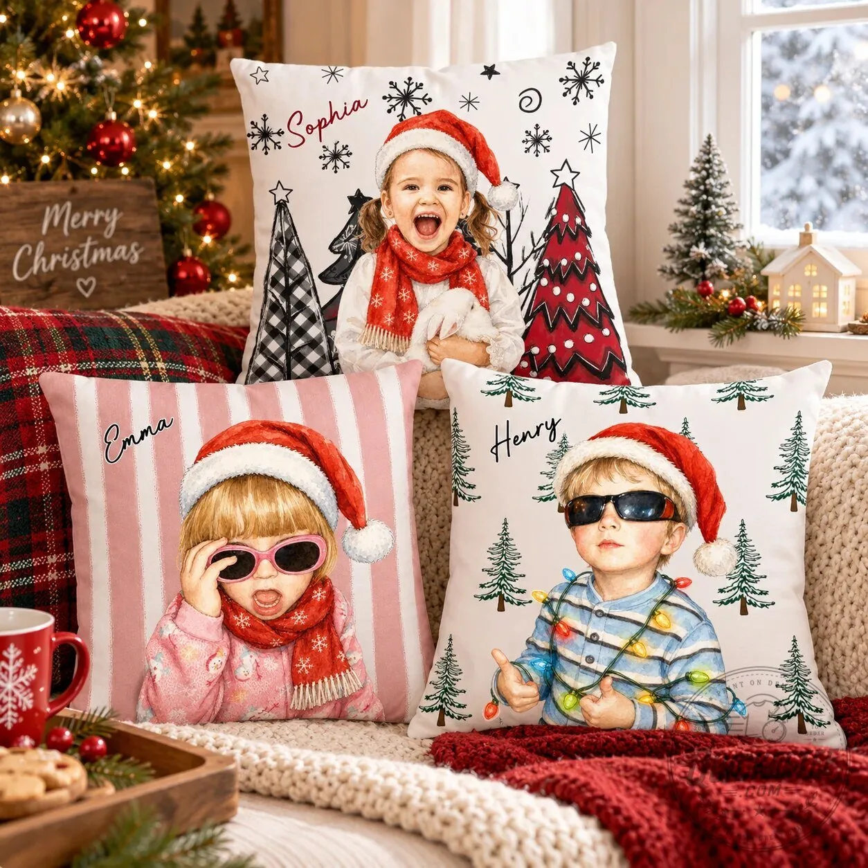 Personalized Christmas Photo Pillow Custom Watercolor Kids Holiday Gift 13 Personalized Christmas Photo Pillow Custom Watercolor Kids Holiday Gift
