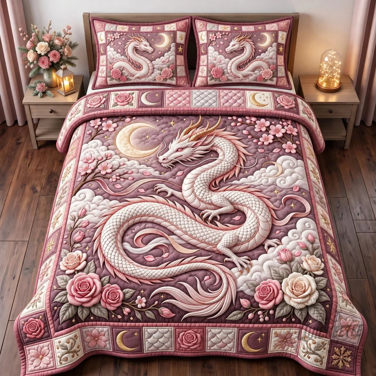 Fantasy Art Quilted Bedding Set featuring Mystic Dragon Design with Pillow Shams