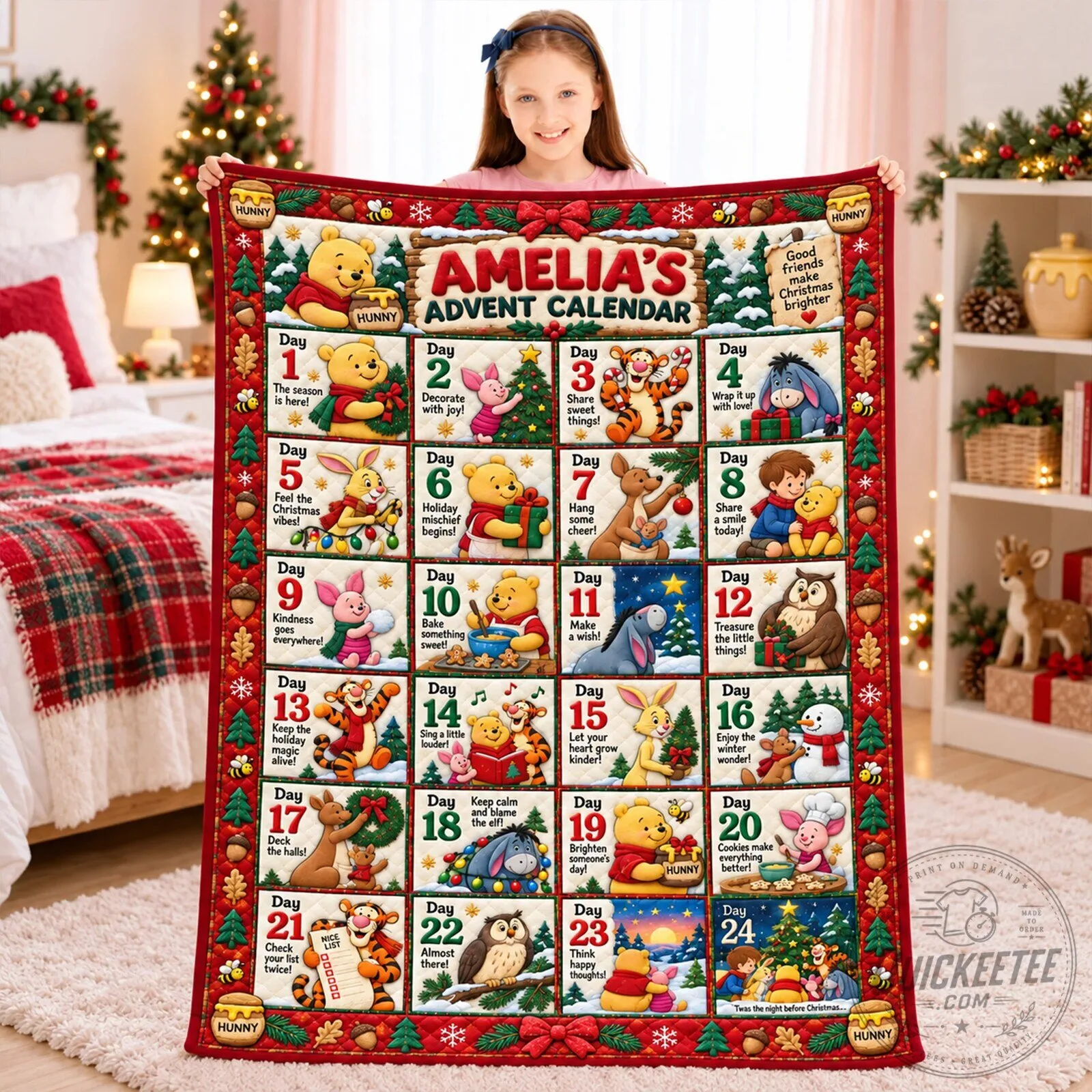 Winnie the Pooh Personalized Advent Calendar Christmas Blanket