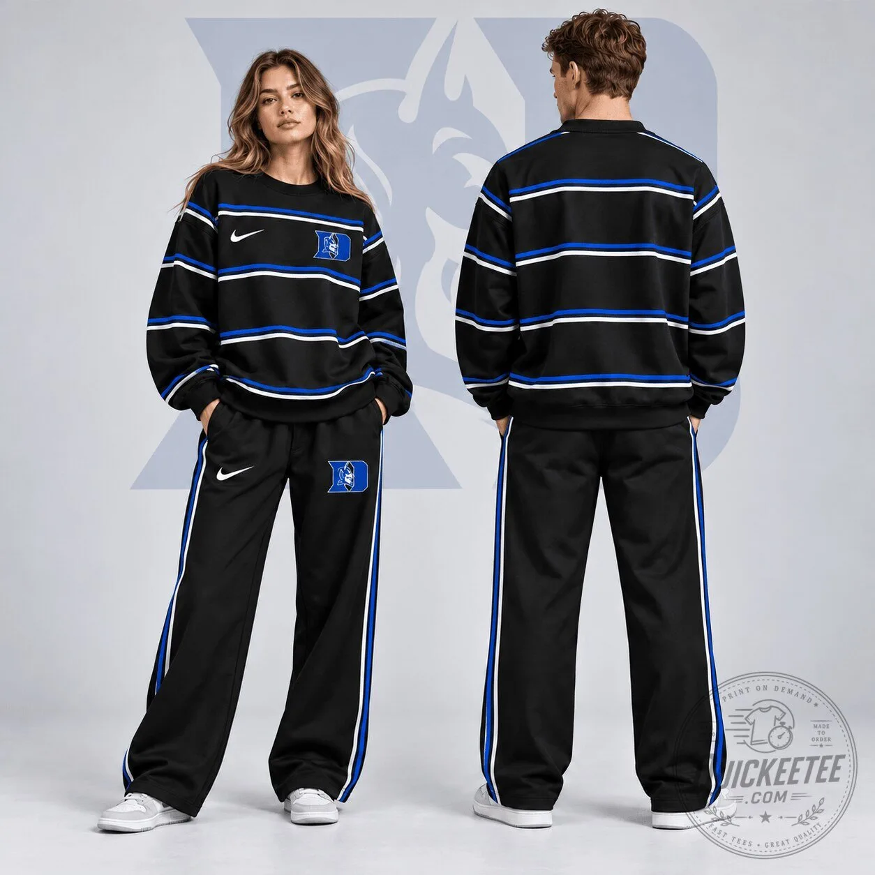 Duke Blue Devils NCAA Striped Crewneck Sweatshirt and Wide Leg Track Pants Set 2 Duke Blue Devils NCAA Striped Crewneck Sweatshirt and Wide Leg Track Pants Set