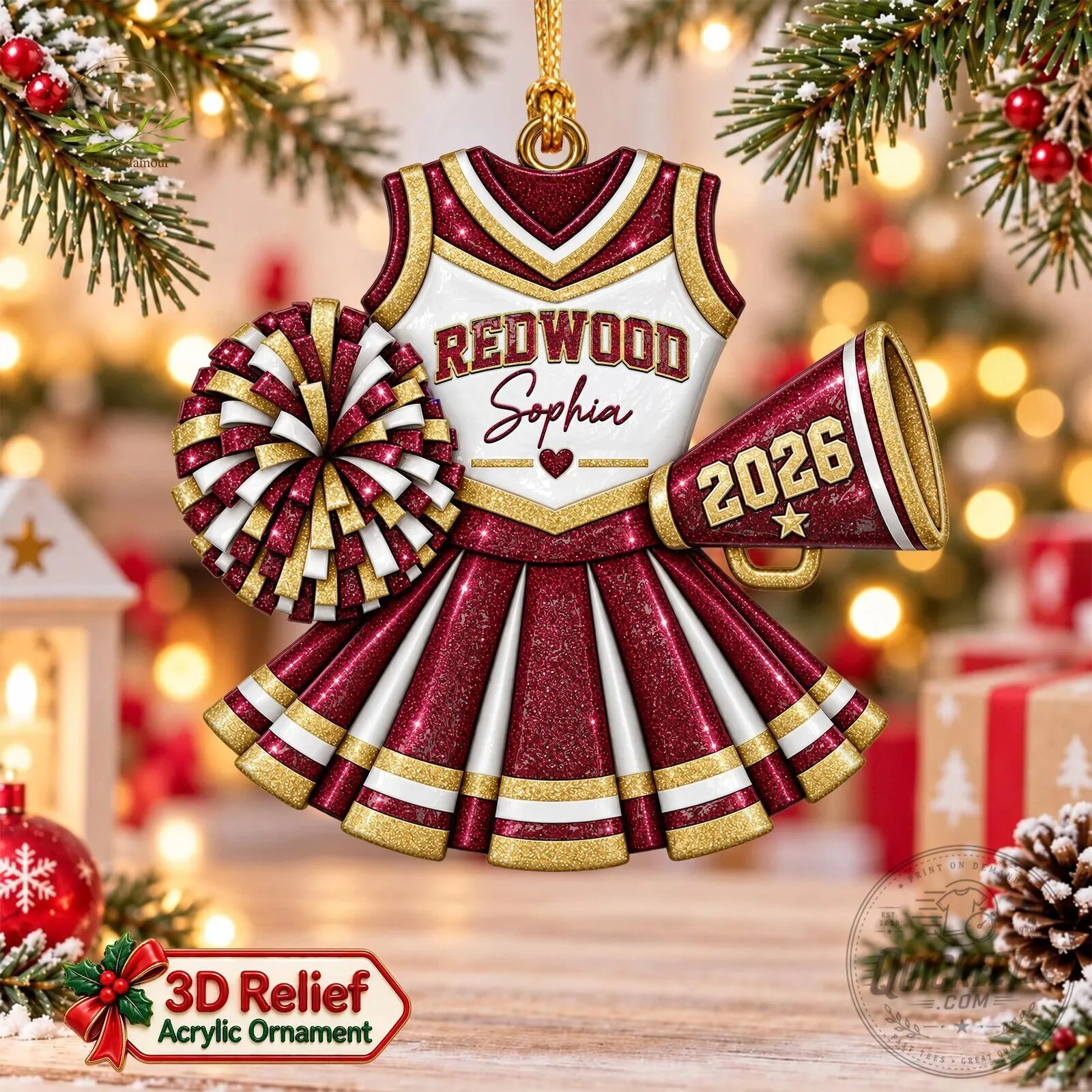 Personalized Cheerleader Uniform Christmas Ornament with Redwood and Sophia 2026