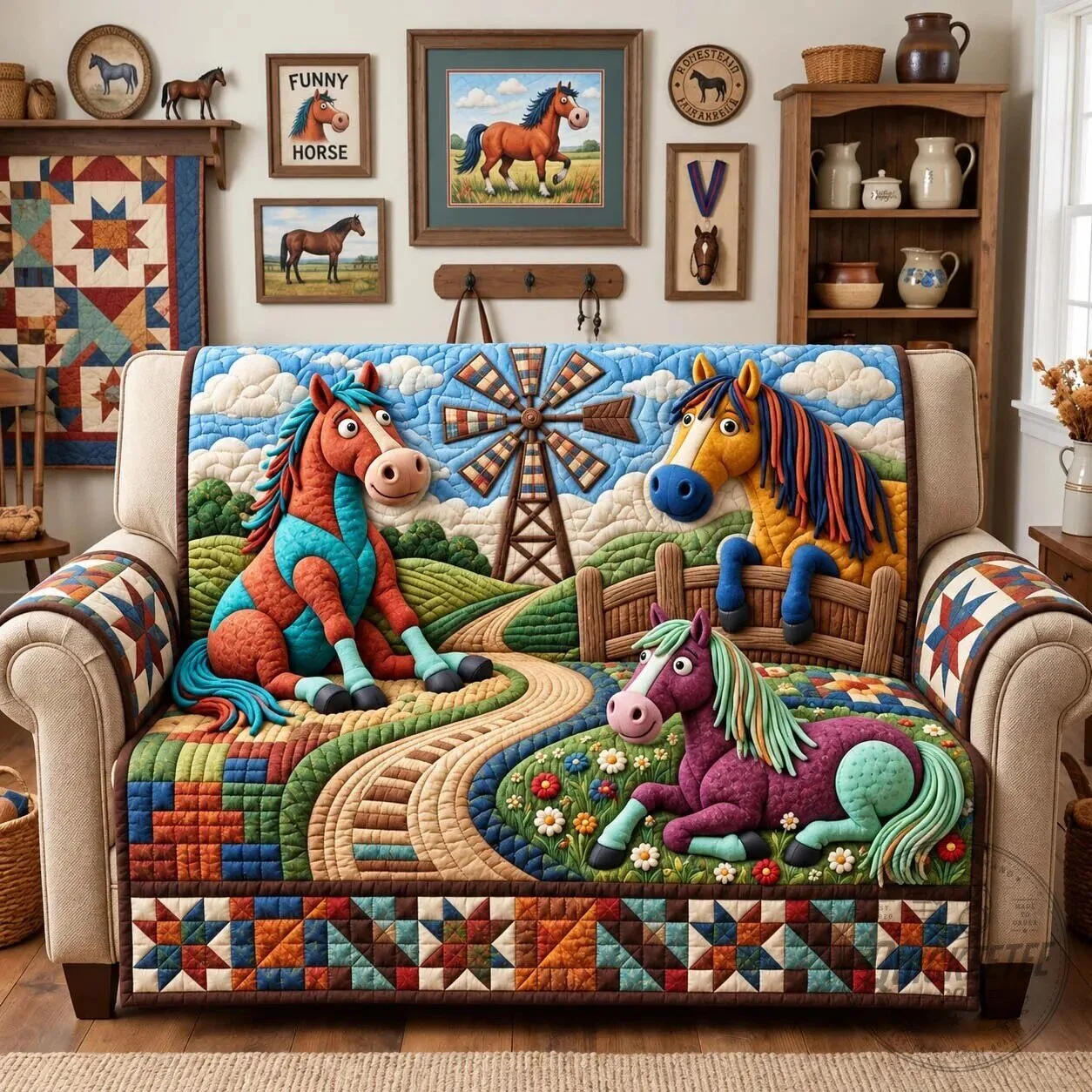 Funny Farm Horse Quilted Sofa Couch Cover Slipcover Protector