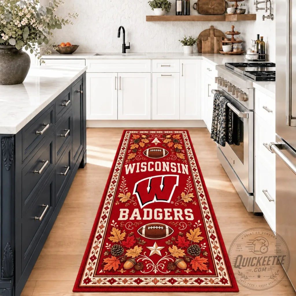 Wisconsin Badgers Football Team Kitchen Runner Rug with Autumn Leaves Design Wisconsin Badgers Football Team Kitchen Runner Rug with Autumn Leaves Design