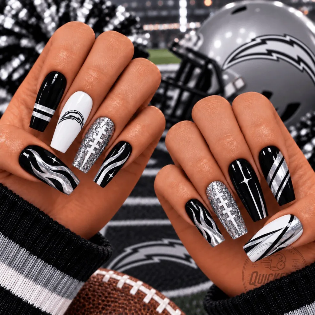Los Angeles Chargers Football Black Silver Chrome Press-On Nails for Game Day Los Angeles Chargers Football Black Silver Chrome Press-On Nails for Game Day