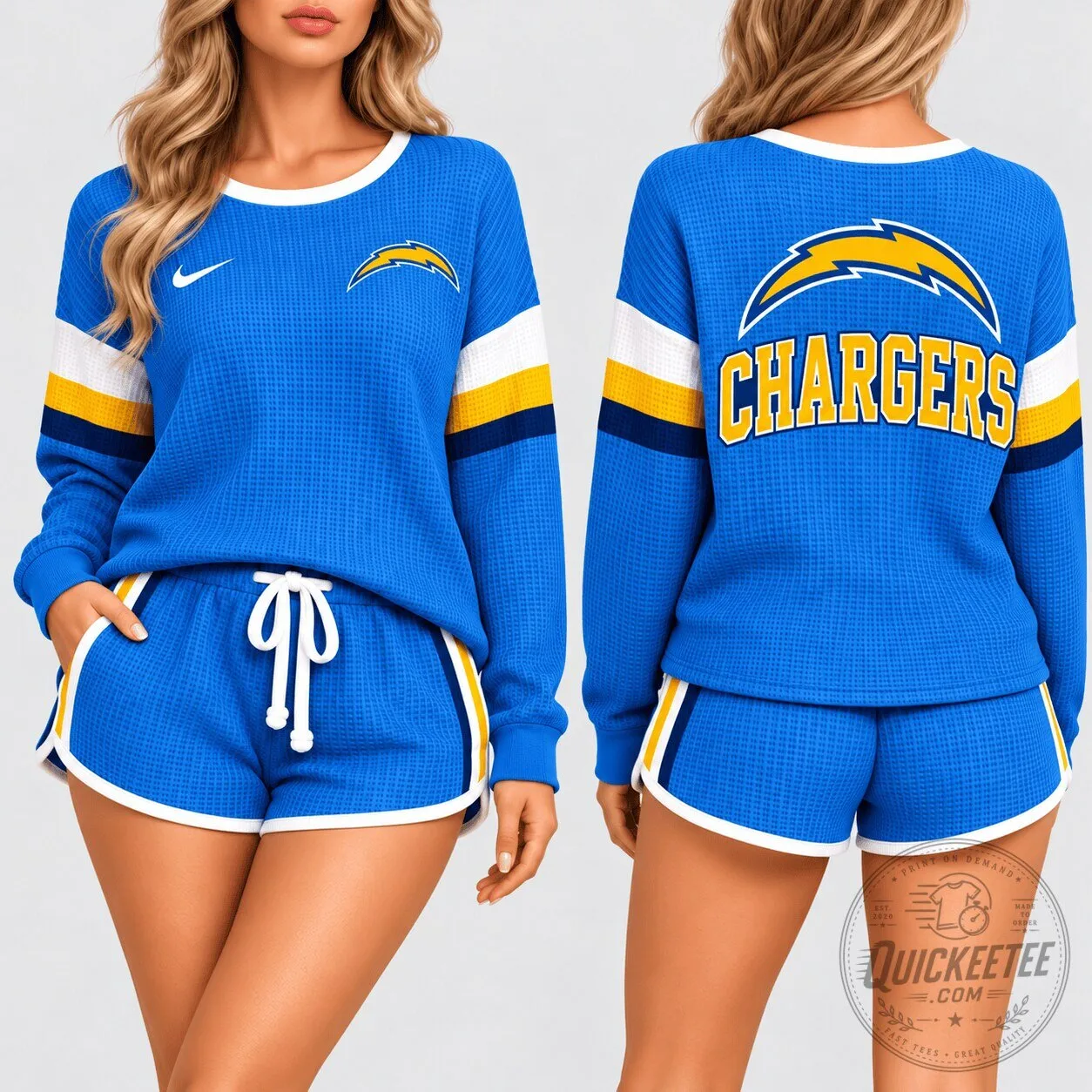 Los Angeles Chargers Women's Waffle Knit Long Sleeve Top and Shorts Set 1 Los Angeles Chargers Women's Waffle Knit Long Sleeve Top and Shorts Set