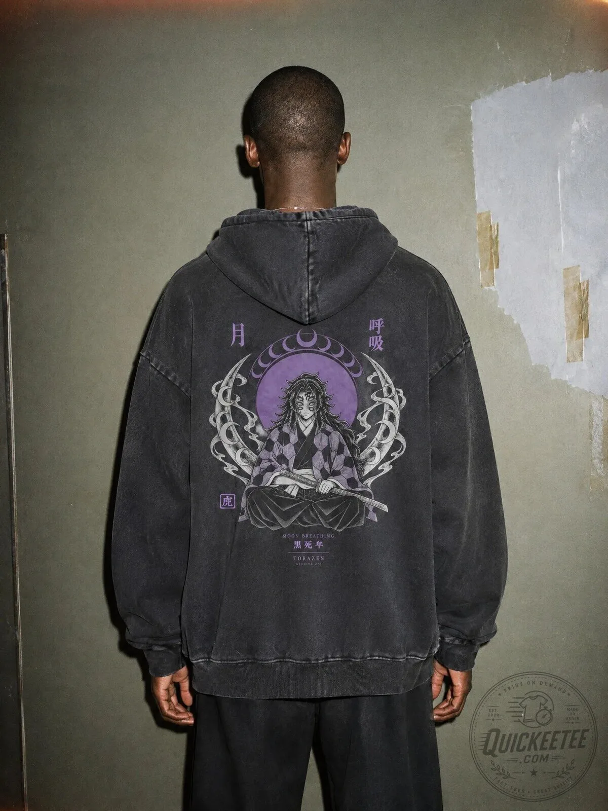 Demon Slayer Kokushibo Moon Breathing Anime Graphic Black Washed Hoodie