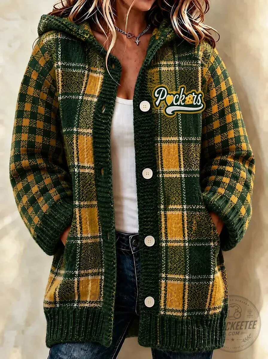 Women's Hooded Cardigan Sweater with Plaid Pattern featuring Green Bay Packers Design
