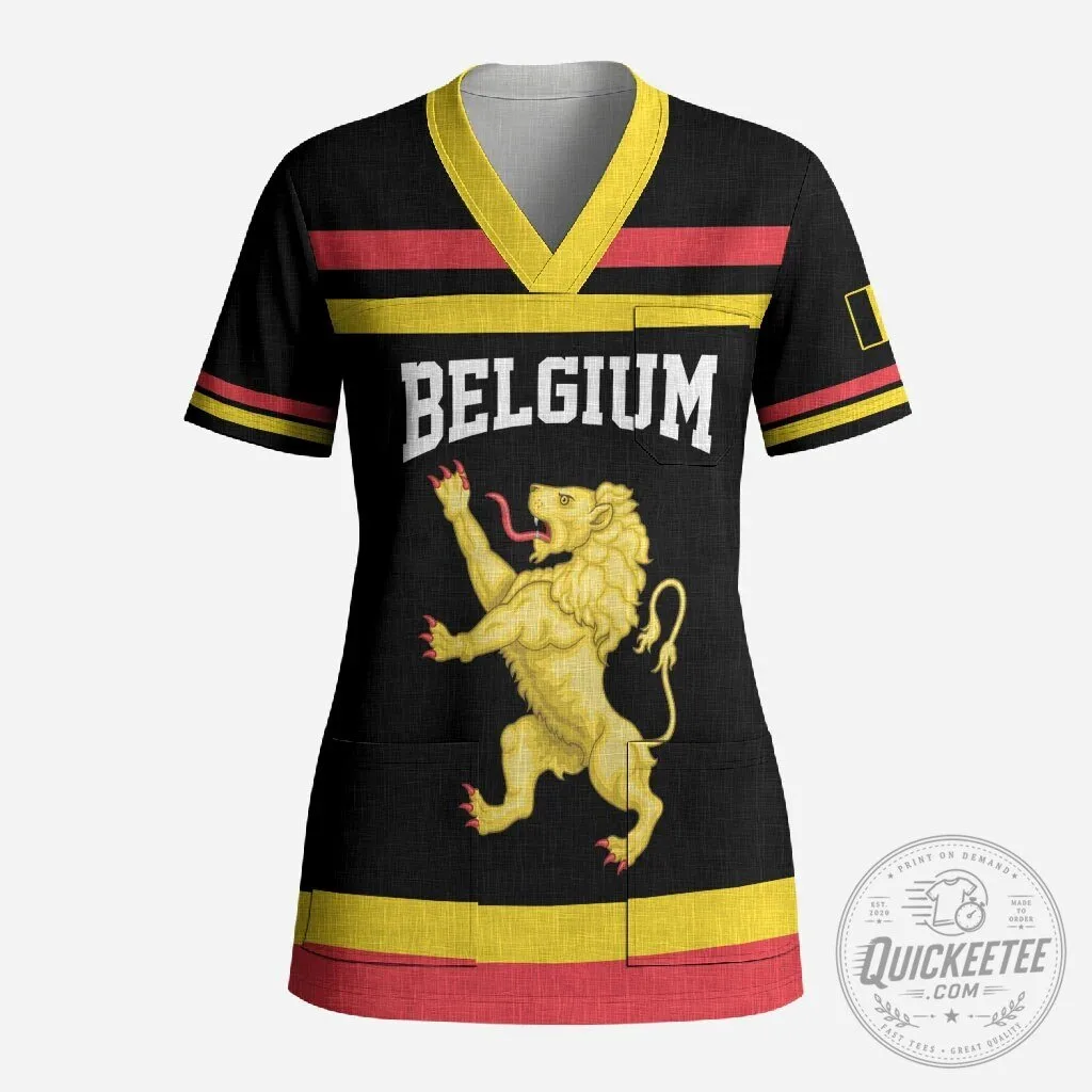 Belgium National Flag Lion Emblem Medical Scrub Top for Healthcare Professionals