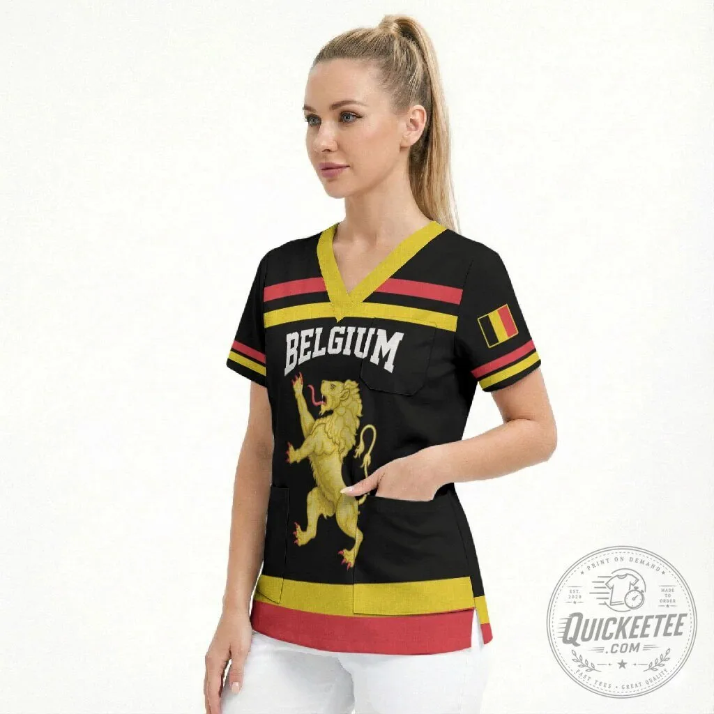 Belgium National Flag Lion Emblem Medical Scrub Top for Healthcare Professionals 10 Belgium National Flag Lion Emblem Medical Scrub Top for Healthcare Professionals