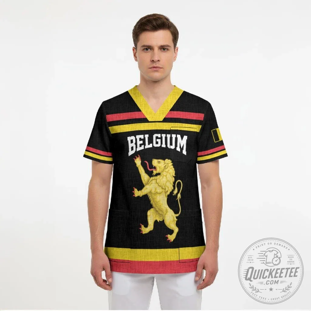 Belgium National Flag Lion Emblem Medical Scrub Top for Healthcare Professionals 11 Belgium National Flag Lion Emblem Medical Scrub Top for Healthcare Professionals