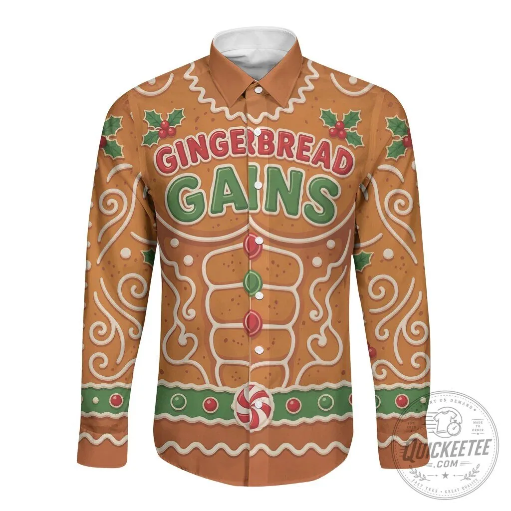 Gingerbread Gains Bodybuilder Christmas Long-Sleeve Button Shirt 4 Gingerbread Gains Bodybuilder Christmas Long-Sleeve Button Shirt