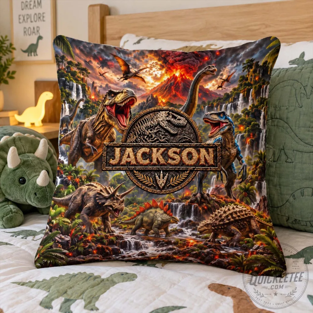 Personalized Jurassic Park Dinosaur Volcano Scene Custom Name Pillow for Boys Room Personalized Jurassic Park Dinosaur Volcano Scene Custom Name Pillow for Boys Room