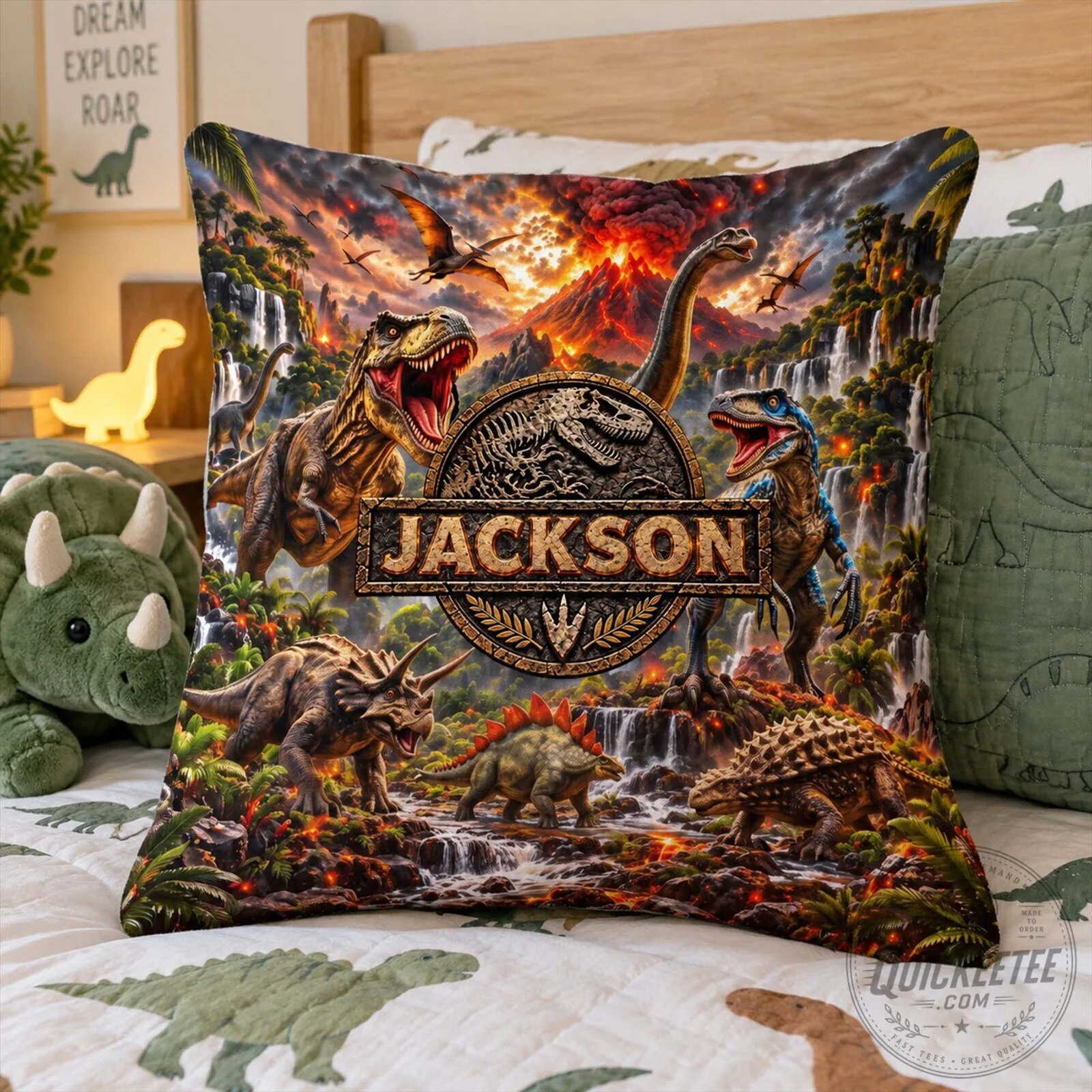 Personalized Jurassic Park Dinosaur Volcano Scene Custom Name Pillow for Boys Room 6 Personalized Jurassic Park Dinosaur Volcano Scene Custom Name Pillow for Boys Room