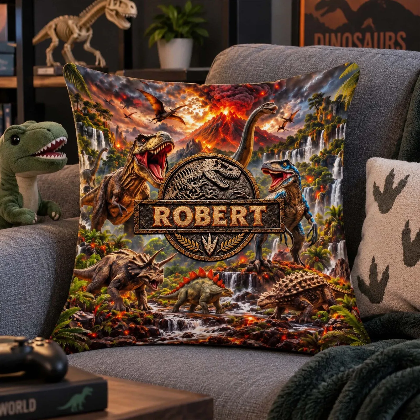 Personalized Jurassic Park Dinosaur Volcano Scene Custom Name Pillow for Boys Room 7 Personalized Jurassic Park Dinosaur Volcano Scene Custom Name Pillow for Boys Room