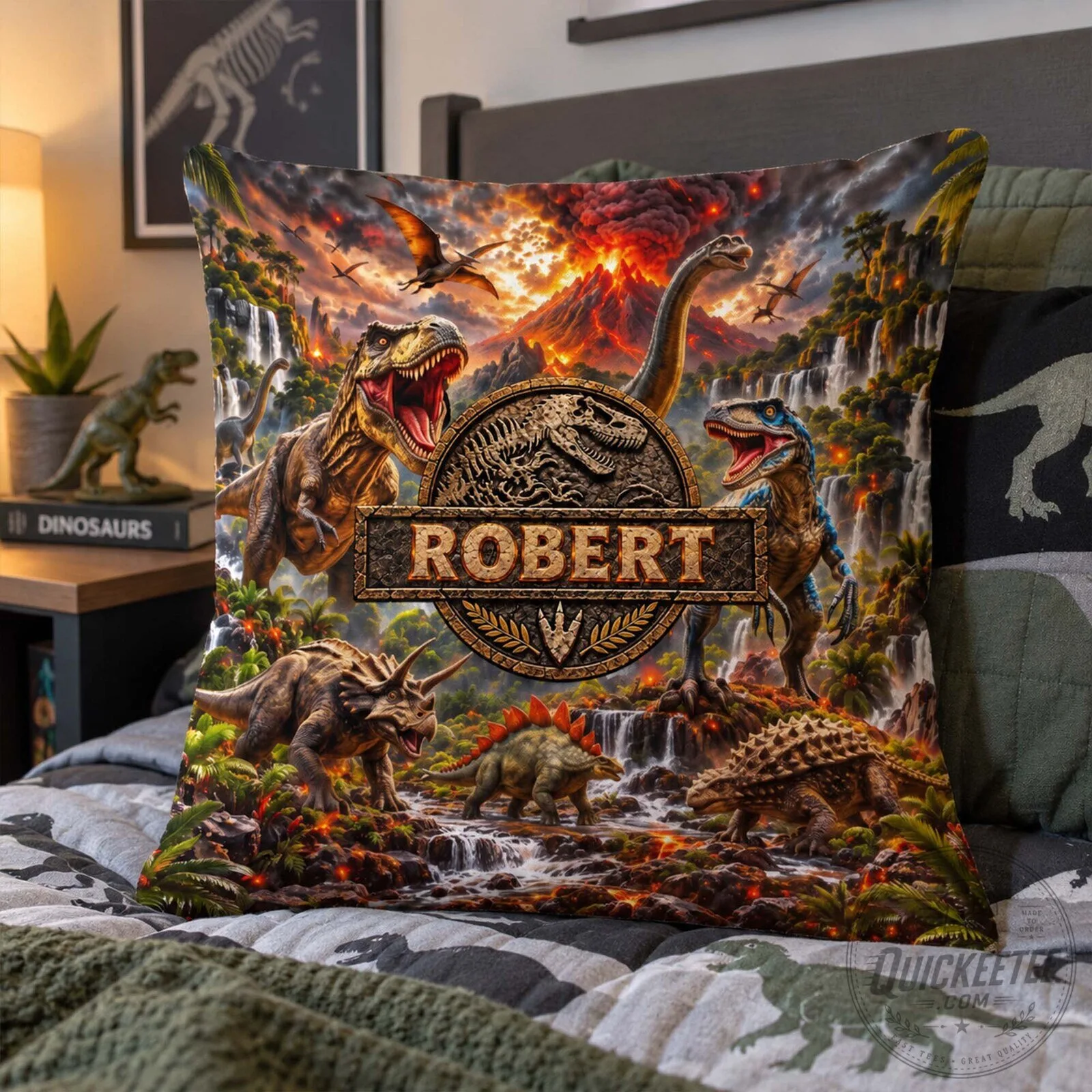 Personalized Jurassic Park Dinosaur Volcano Scene Custom Name Pillow for Boys Room 8 Personalized Jurassic Park Dinosaur Volcano Scene Custom Name Pillow for Boys Room