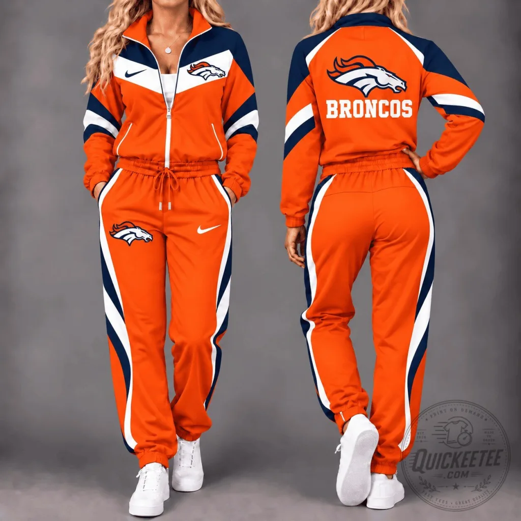 Denver Broncos NFL Team Logo Orange and Navy Blue Zip-Up Tracksuit Set Denver Broncos NFL Team Logo Orange and Navy Blue Zip-Up Tracksuit Set