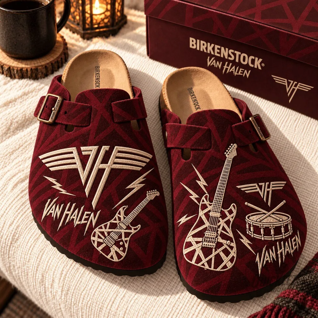 Van Halen Band Logo Guitar Drum Pattern Birkenstock Clogs Shoes Van Halen Band Logo Guitar Drum Pattern Birkenstock Clogs Shoes