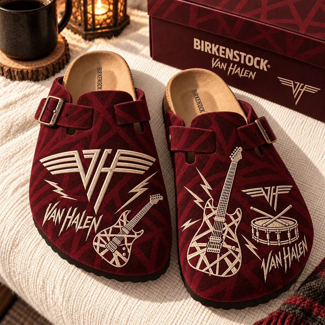Van Halen Band Logo Guitar Drum Pattern Birkenstock Clogs Shoes