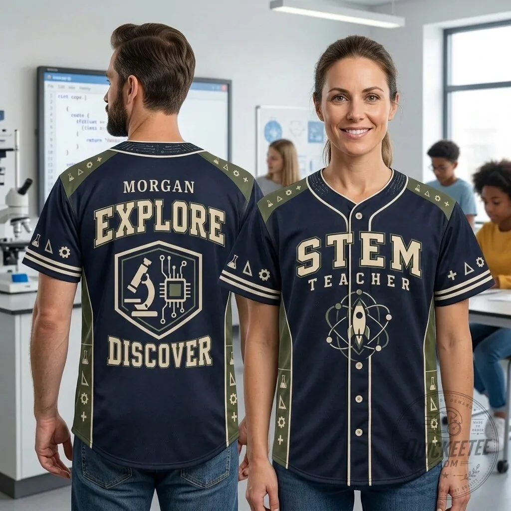 Personalized STEM Teacher Explore Discover Science Educator Baseball Jersey
