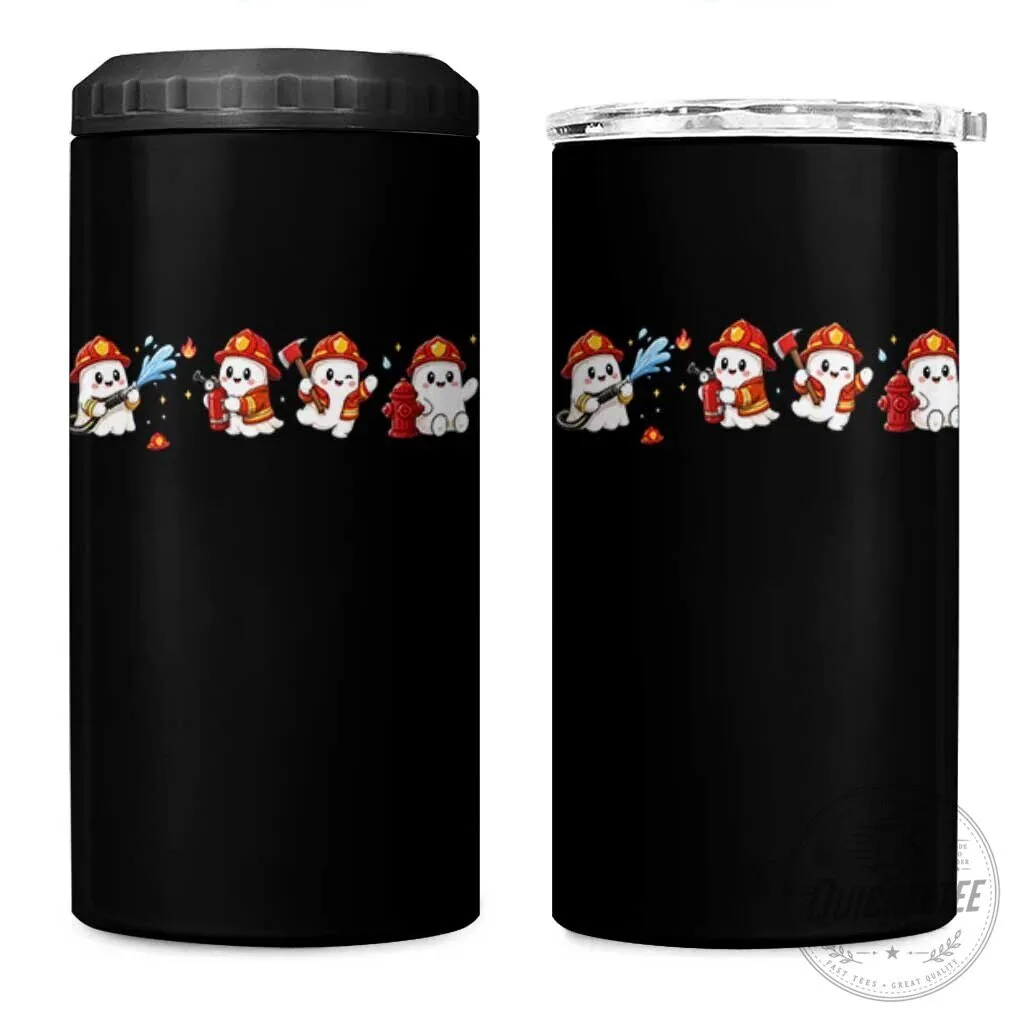 Funny Ghost Firefighter Fire Rescue Halloween Can Cooler Tumbler Spooky Fireman Gift