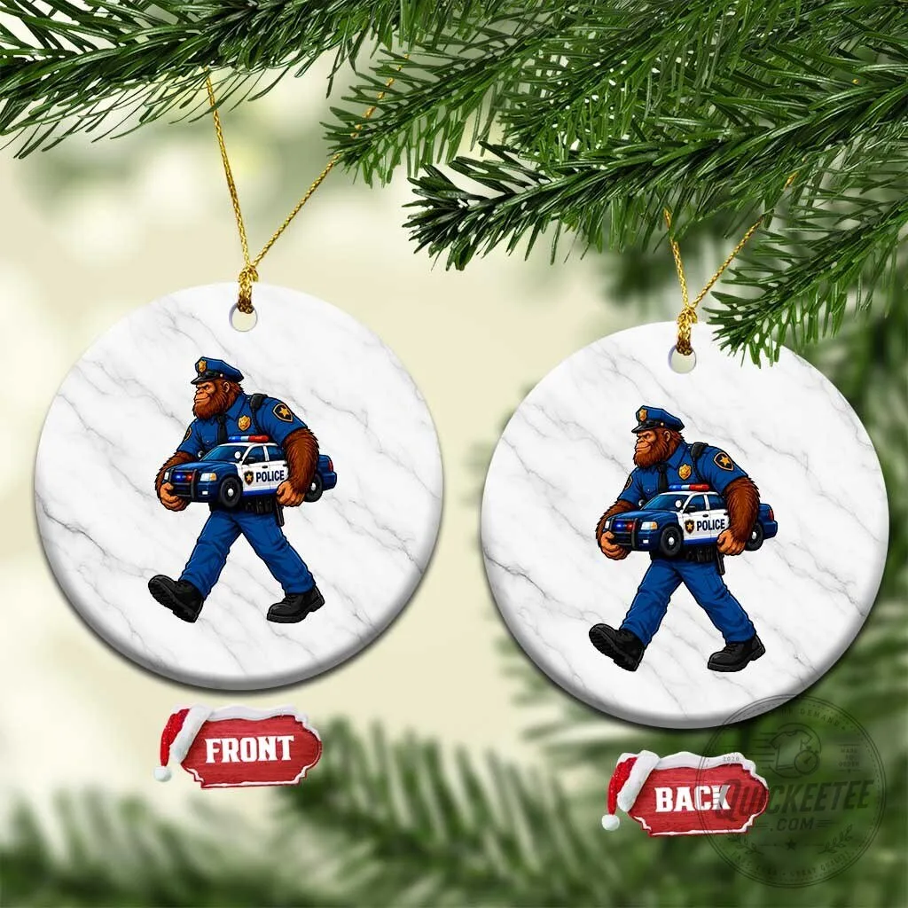 Bigfoot Police Officer Carrying Patrol Car Funny Cryptid Christmas Ornament