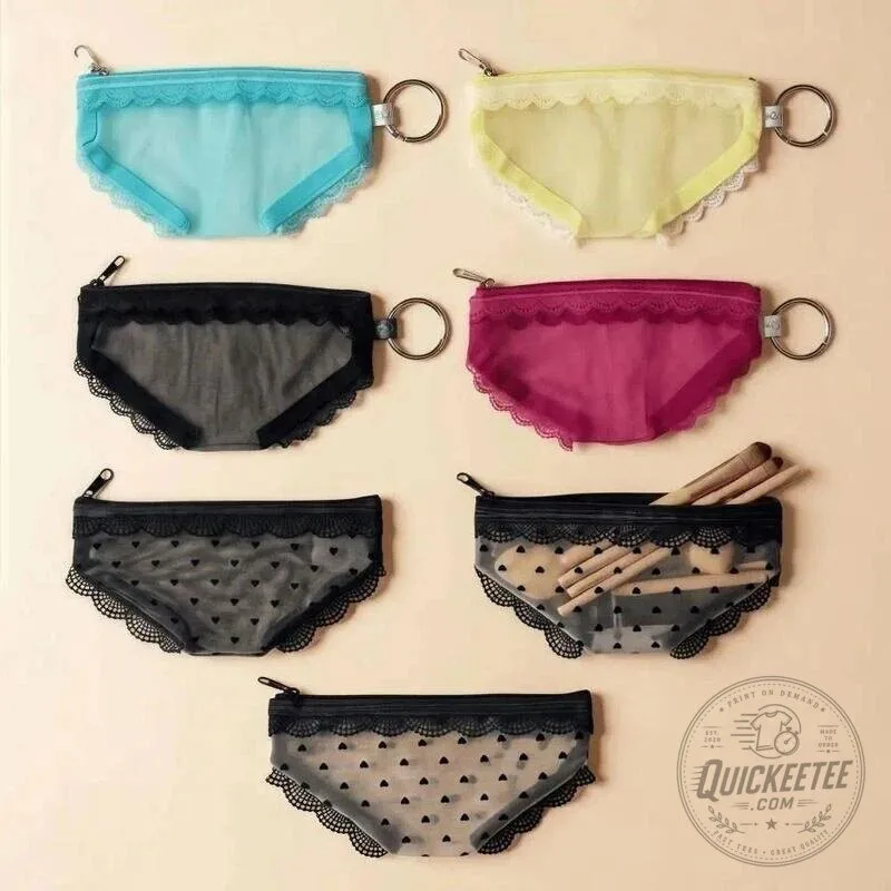 Y2K Lace Heart Panties Shaped Mesh Cosmetic Bag with Zipper Closure