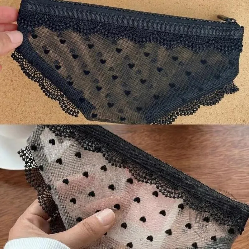 Y2K Lace Heart Panties Shaped Mesh Cosmetic Bag with Zipper Closure 37 Y2K Lace Heart Panties Shaped Mesh Cosmetic Bag with Zipper Closure