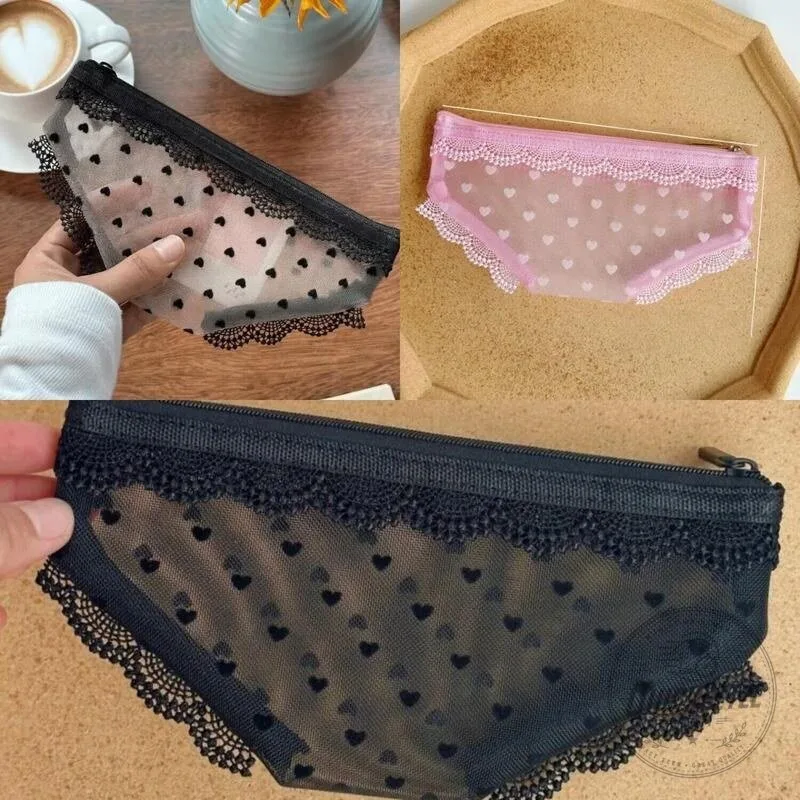 Y2K Lace Heart Panties Shaped Mesh Cosmetic Bag with Zipper Closure 43 Y2K Lace Heart Panties Shaped Mesh Cosmetic Bag with Zipper Closure