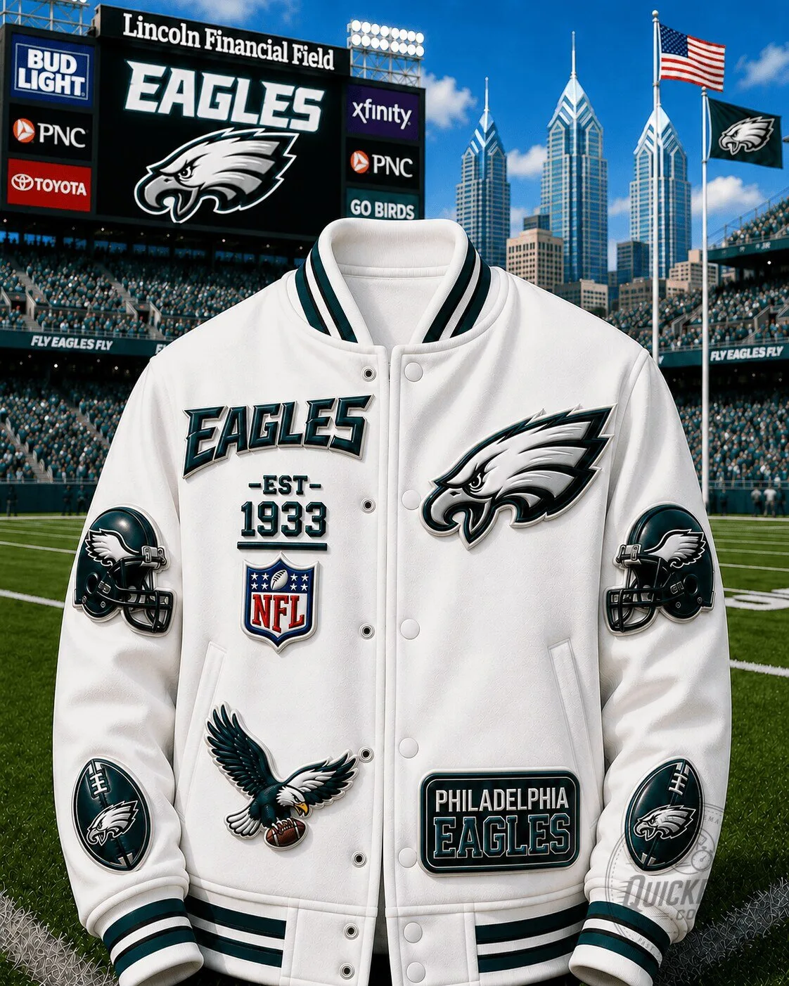 Philadelphia Eagles NFL Football Team White Varsity Jacket 3 Philadelphia Eagles NFL Football Team White Varsity Jacket