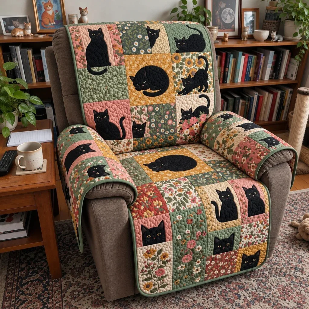 Black Cat Garden Patchwork Quilted Sofa Cover for Recliner Chair Black Cat Garden Patchwork Quilted Sofa Cover for Recliner Chair