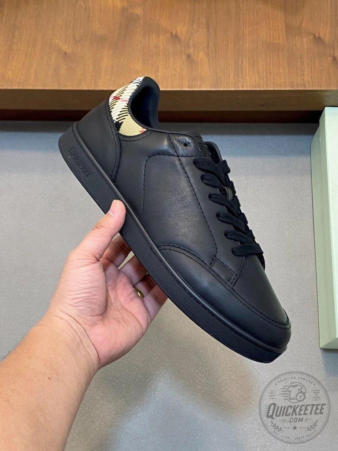 Burberry Black Leather Low Top Sneakers with Check Detail