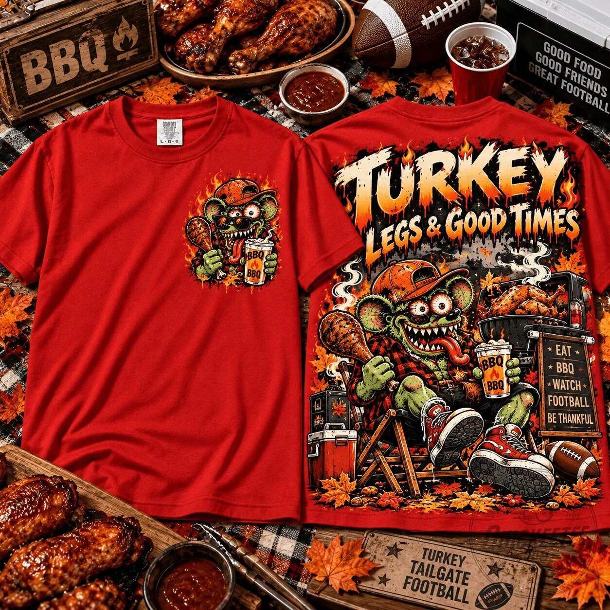 Rat Fink Turkey Legs and Good Times Thanksgiving Football T-Shirt